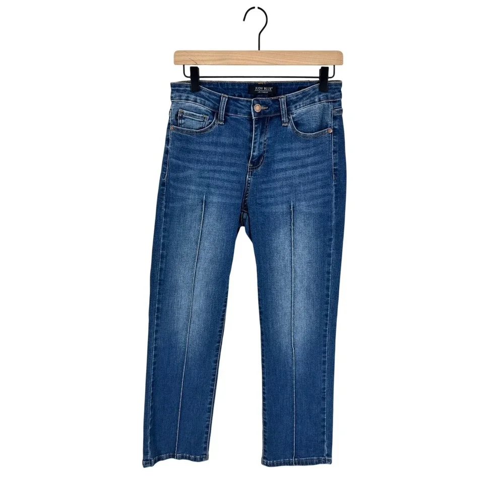 Judy Blue Straight Leg Jeans Blue 7/28 High Rise Seam Detail Stretch Denim